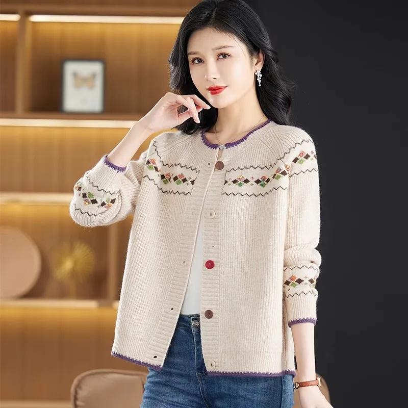 Sweater Coat Ladies Retro Jacquard Knitwear Cardigan Jacket Early Spring Autumn Western-Style Outerwear Loose Women Top