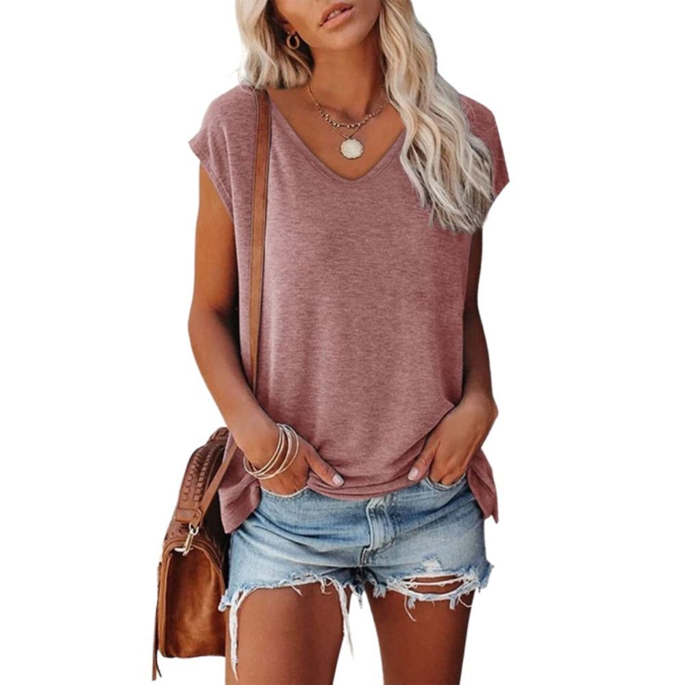 Women's Solid Color V-Neck T-Shirts, Lightweight Soft Cotton Tees for Spring & Summer, Casual Daily Basic Tops