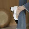 Pearl Mary Jane single shoes women's 2025 new thick heel square head one-word buckle French high heels medium heel versatile patent leather