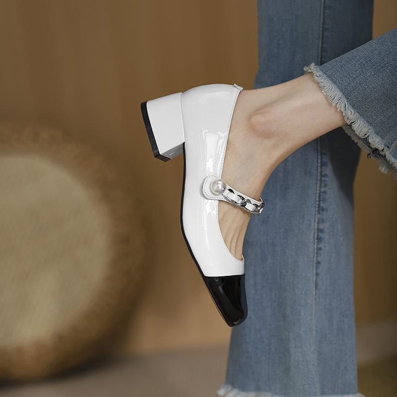 Pearl Mary Jane single shoes women's 2025 new thick heel square head one-word buckle French high heels medium heel versatile patent leather