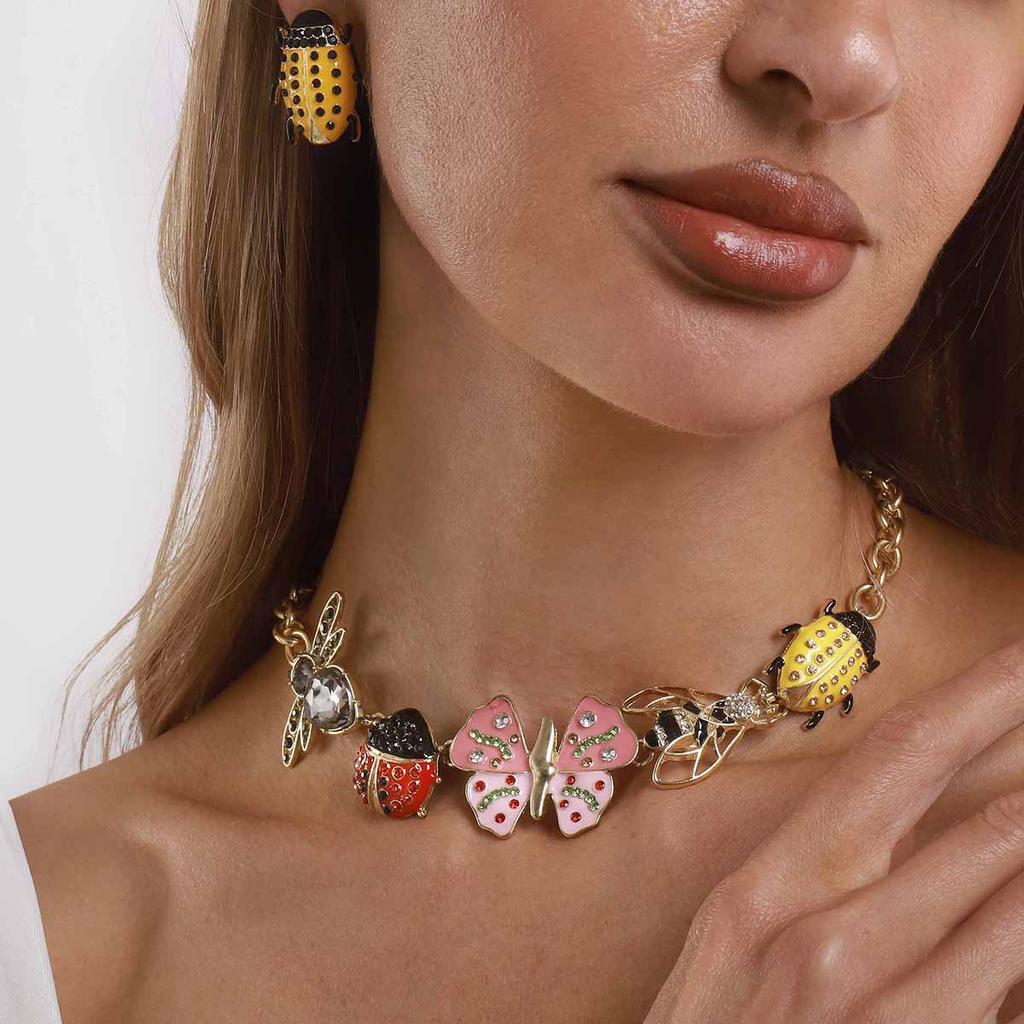 New Fashion Insect Beetle Jewelry Dripping Oil Pendant Necklace Sweet Earrings Niche Design Women Accessories