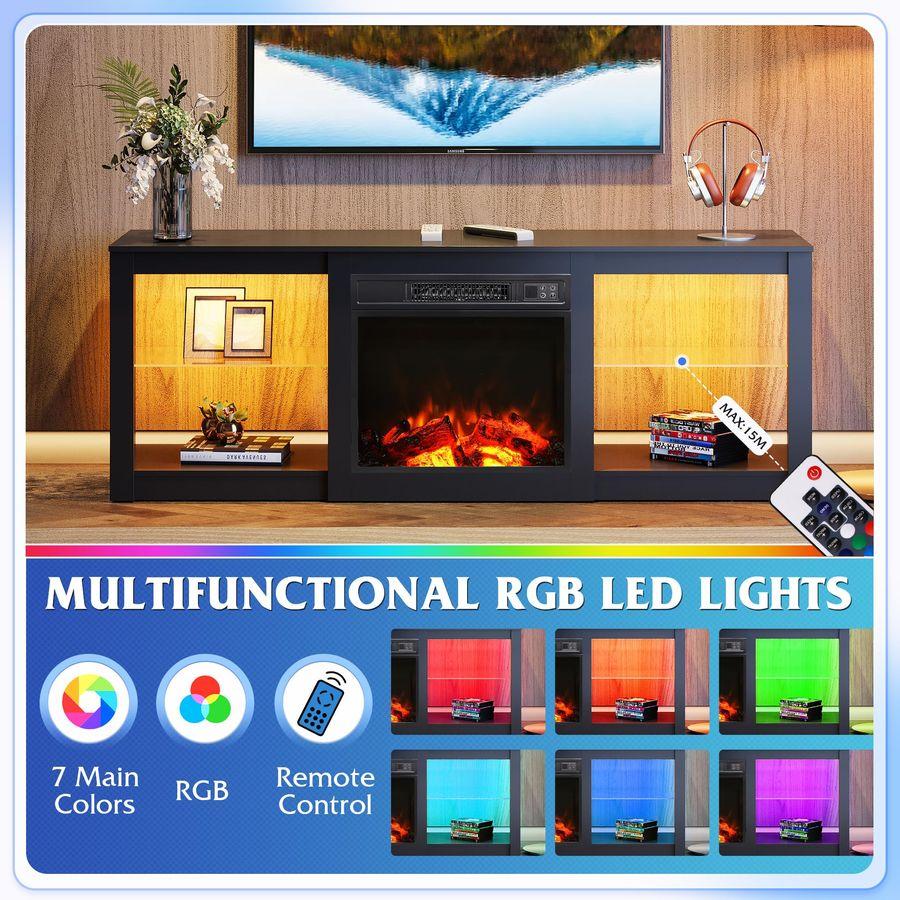 58 Inches Fireplace TV Stand with LED Lights, Modern Entertainment Center with 18 Electric Fireplace Amp Adjustable Glass Shelve