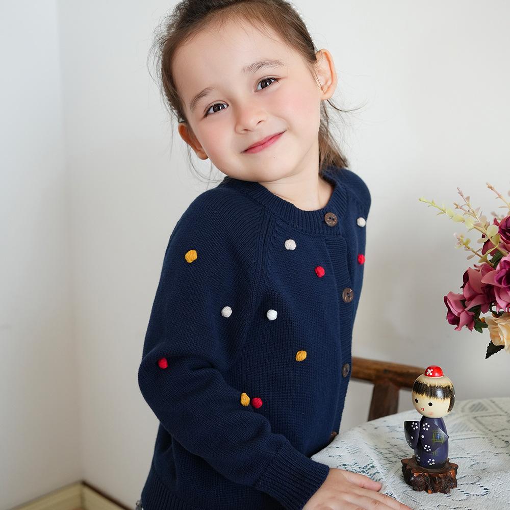 Spring and Autumn Children's Clothing Round Neck Children's Handmade Colorful Ball Knitted Cardigan Girls Cotton Sweater Cardigan Jacket