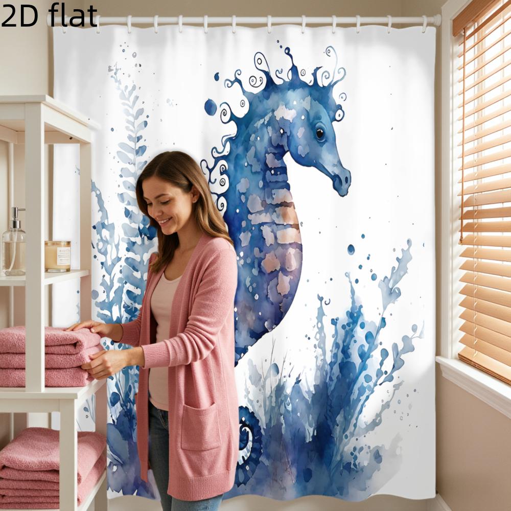 Deluxe Watercolor Seahorse Shower Curtain Waterproof Bath Shower Liner Blue Tropical Ocean Art Decorative Home Bathroom Decor