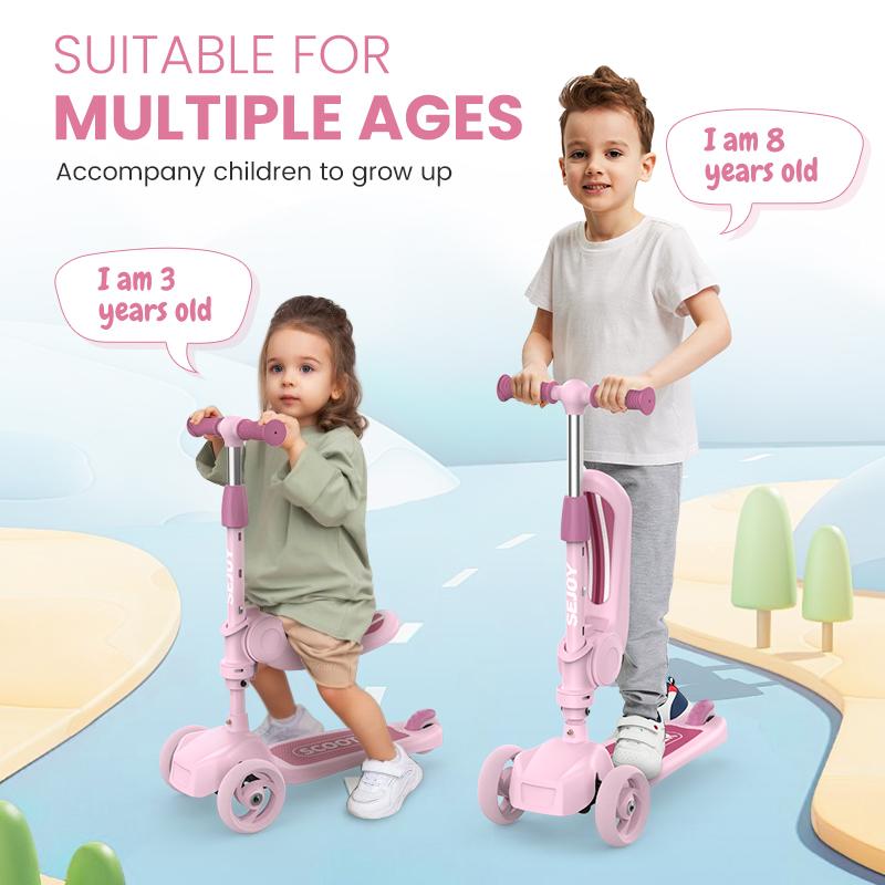 Kick Scooter For Kids With 3-Wheeled Led Lights,Adjustable Lean-To-Steer Handlebar,Foldable Seat,Sit Or Stand Ride,For 3-8 Years