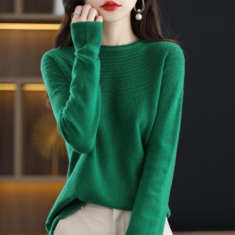One-line Ready-to-wear Rolled Round Neck Hollow Cardigan for Women In Autumn and Winter Loose and Versatile Cashmere Knitted Base Shirt Top