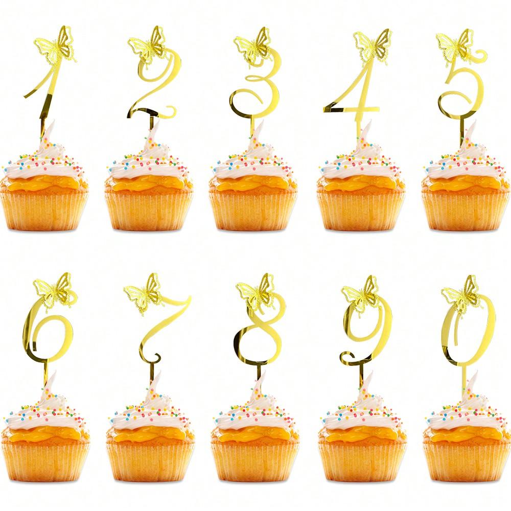 10pcs/lot Number 0-9 Butterfly Acrylic Gold  Cupcake Decorations for Kid`s Birthday Anniversary Dessert Cake Toppers 10pcs