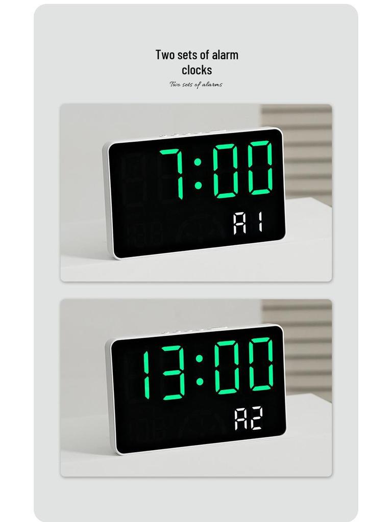 GH9007 Multifunctional LED Clock: Large Screen, Wall-Mountable & Tabletop, with Temperature, Humidity, and Alarm Features.