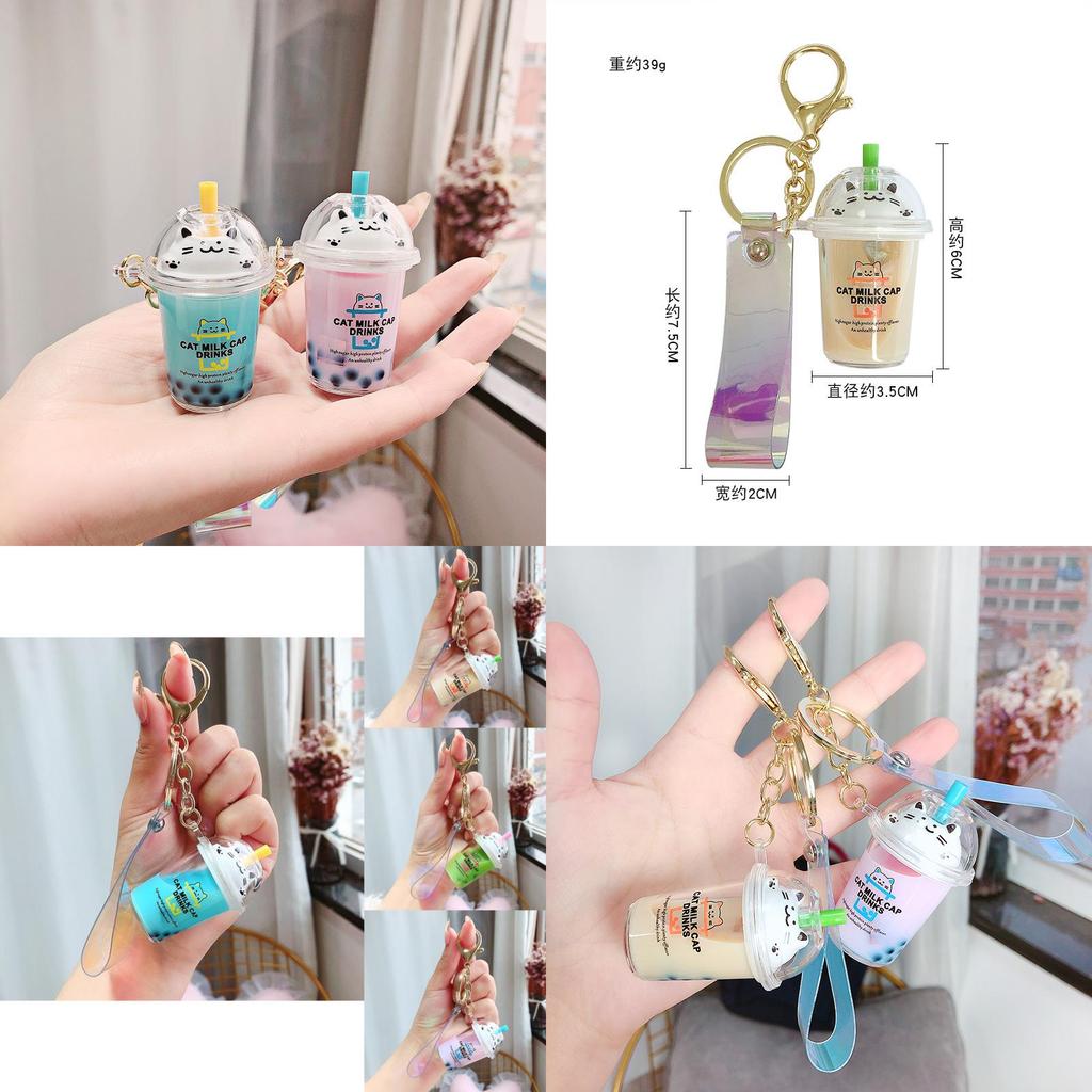 Adorable Cartoon Cat Milk Tea Keychain Cute Acrylic Keyring For Couples And Friends