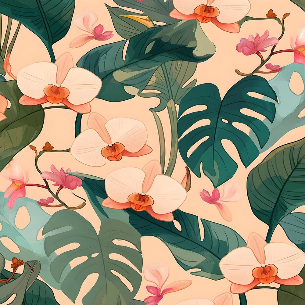 Tropical Palm & Floral Shower Curtain - Machine Washable Polyester,Green, Pink, Orange & White Design, Artistic Bath Decor