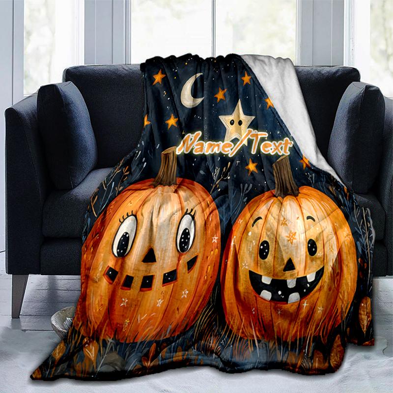 1PC Custom Name Halloween Night Pumpkins Outdooor Flannel Blankets Throw Blanket All-Season Throw Gift Bedspread for Couch, Bed, Camping Holiday Birth