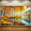 2D Plane Autumn Leaves Birch Trees and Golden Leaf Lake Background Fabric Party Decoration Polyester Fiber