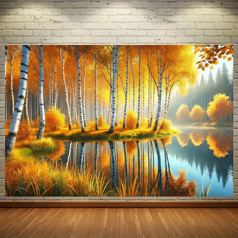 2D Plane Autumn Leaves Birch Trees and Golden Leaf Lake Background Fabric Party Decoration Polyester Fiber