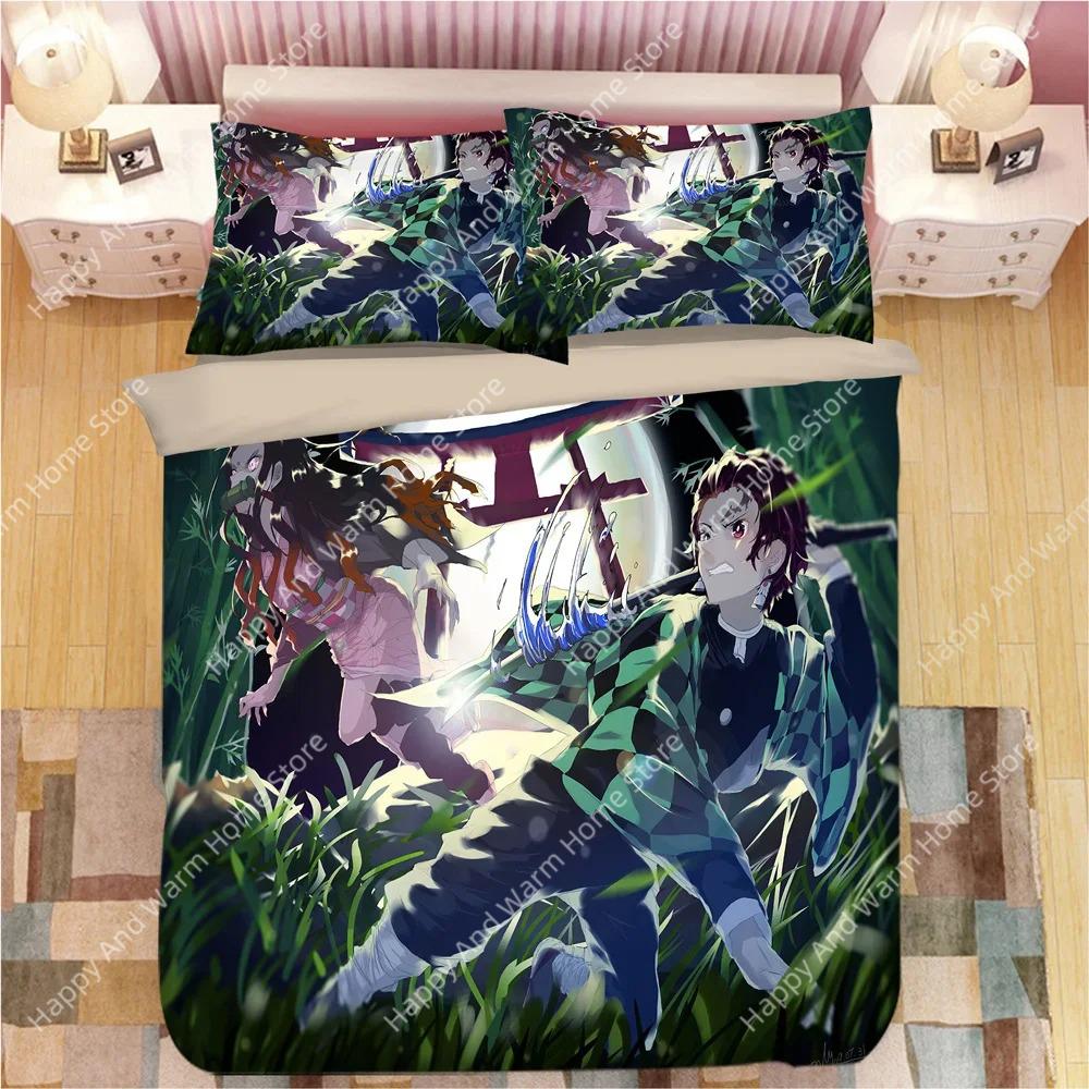 

Demon Slayer Bedding Sets Cartoon Duvet Cover Bed Linen Boys Single Double Size Soft Bedclothes Home Decor Anime Comforter EU Single(135*200cm)3pcs