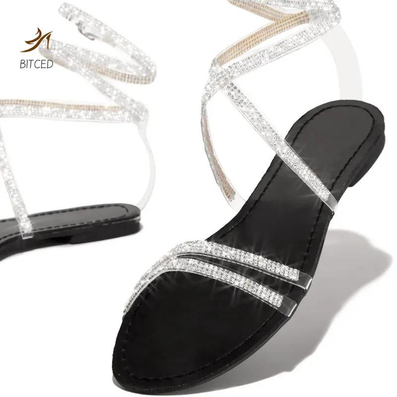 Fashion 2025 Summer New Ankle-wrap Women's Round Toe Sandals Crystal Narrow Band Fashion Plus Size Buckle Strap Low Heel Dress Sandals