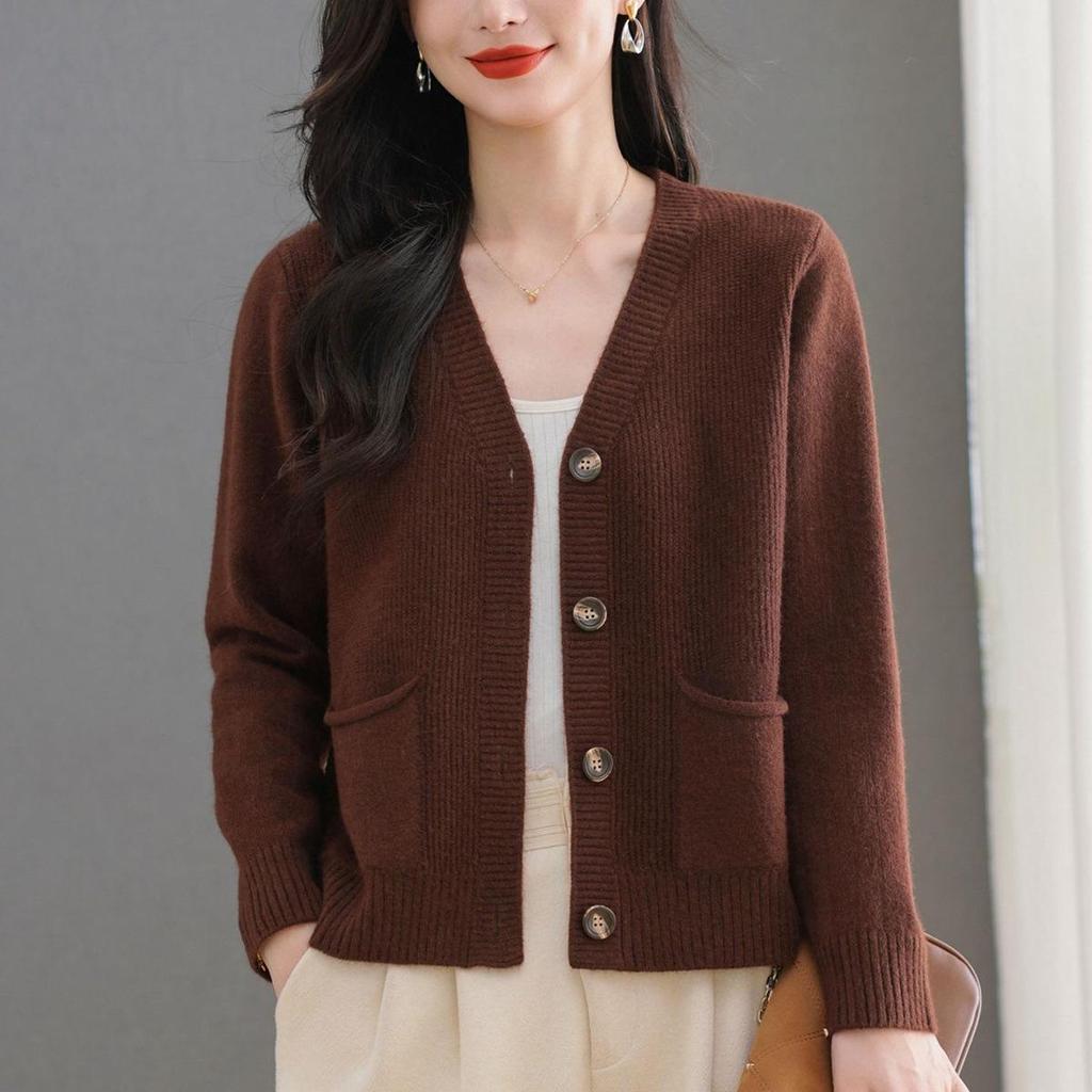 2025 Herbst Damen Eleganter V-Ausschnitt Einreihiger Strick-Cardigan Pullover Mantel mit Taschen.