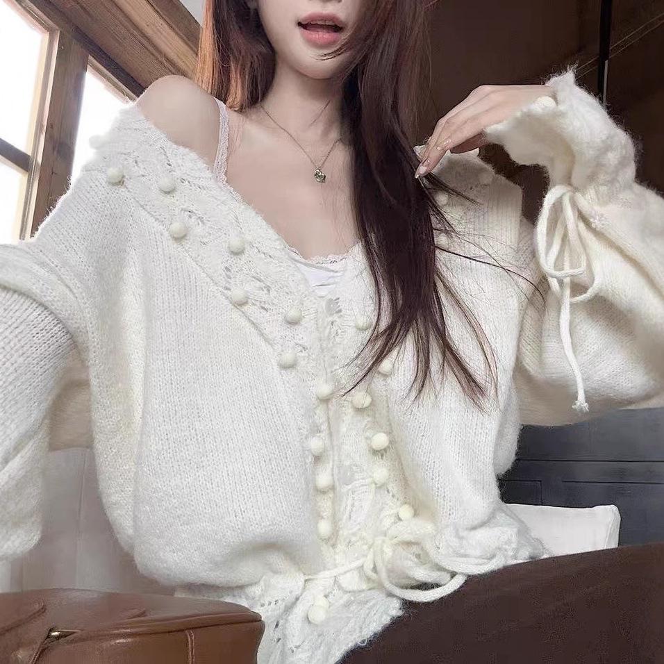 Gentle Fashionable and Comfortable Hollow Crochet V-neck Knitted Sweater Women's Autumn Loose and Thin Drawstring Sweater Jacket