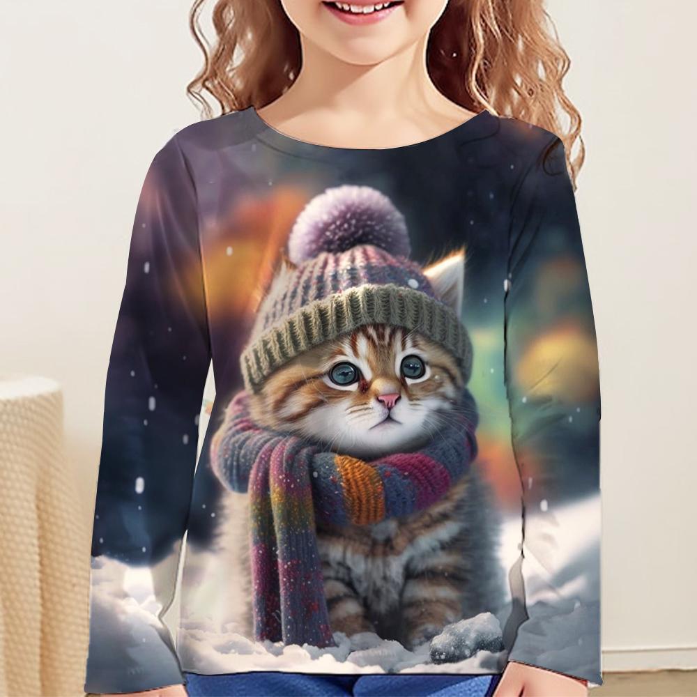 Children's Clothing Long Sleeve Cat Print O-Neck Kids Spring Fall Clothes Fashion Cartoon Girls Clothes T-Shirt Streetwear Tops