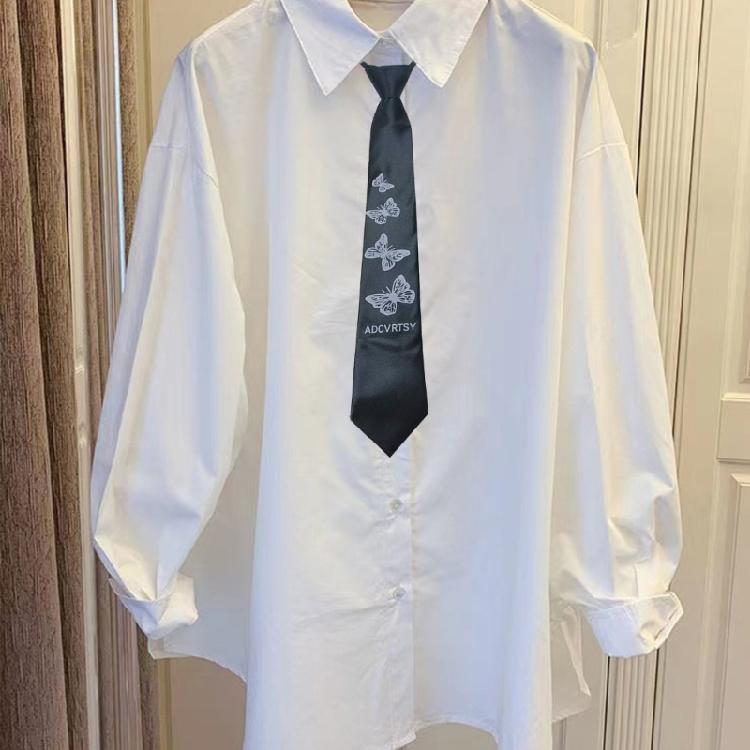 Unisex Pre-Tied Tie with Adjustable Zippers Butterfly Floral Print Black Necktie Campus Preppy Uniform Shirt Collar Tie