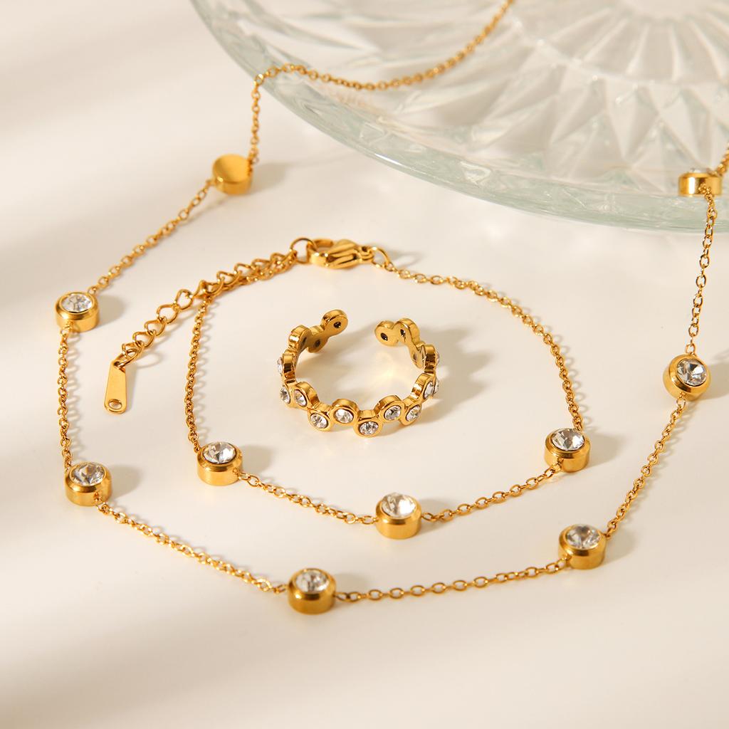 18K Gold Plated Stainless Steel Inlaid Zircon Necklace, High-end Bracelet, Ring, Light Luxury Titanium Steel Jewelry