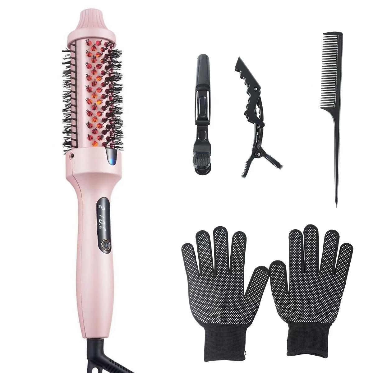 Negative Ions Heated Round Brush Set Fast Heating Thermal Brush with Clips Gloves and a Comb Ceramic Glaze Coating Hair Curler 110-240v розовый