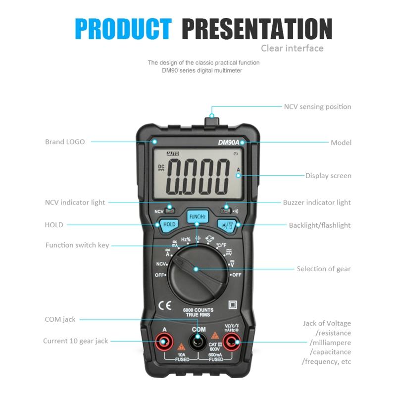 Digital Multimeter 6000 Counts NCV Function AC/for DC Voltage Resistance Meter Tester Capacitance Diodes Data Hold Funct
