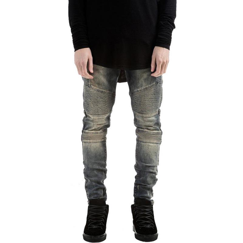 

Европейские и американские джинсы-байкеры с главной улицы: Мужские облегающие эластичные мотоциклетные брюки со складками. 28