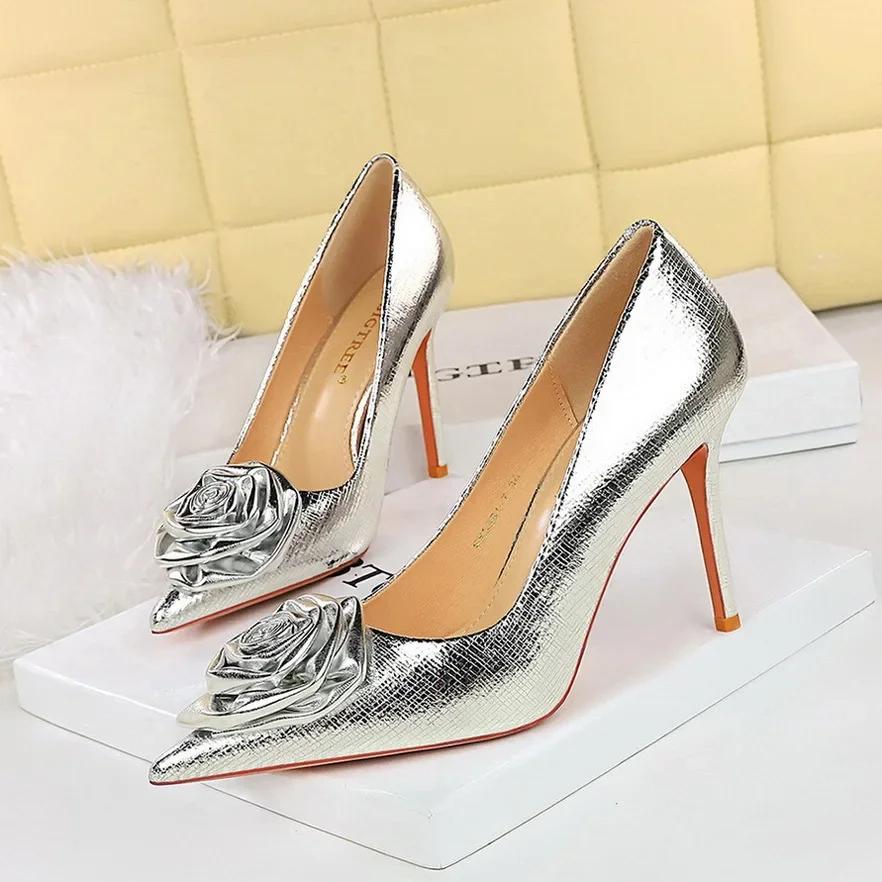BIGTREE Heels Women Patent Leather Flowers Women Pumps Sexy Pointed Toe Thin Low Heels Wedding Elegant Party Shoes Zapatos Mujer