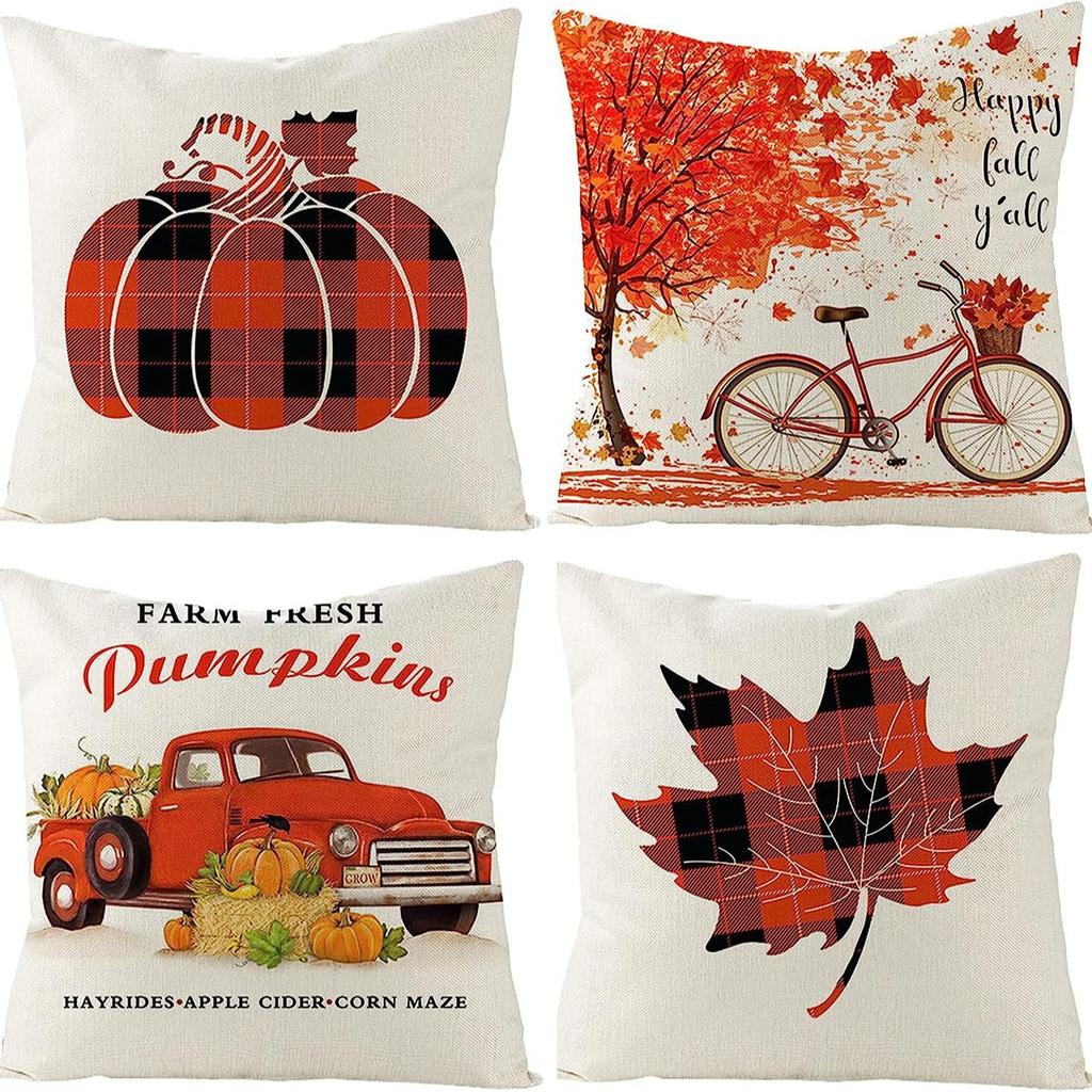 Autumn Pumpkin Maple Leaf Letter Printed Linen Pillow Case Thanksgiving Ambience Decorative Living Room Sofa Backrest Cushion