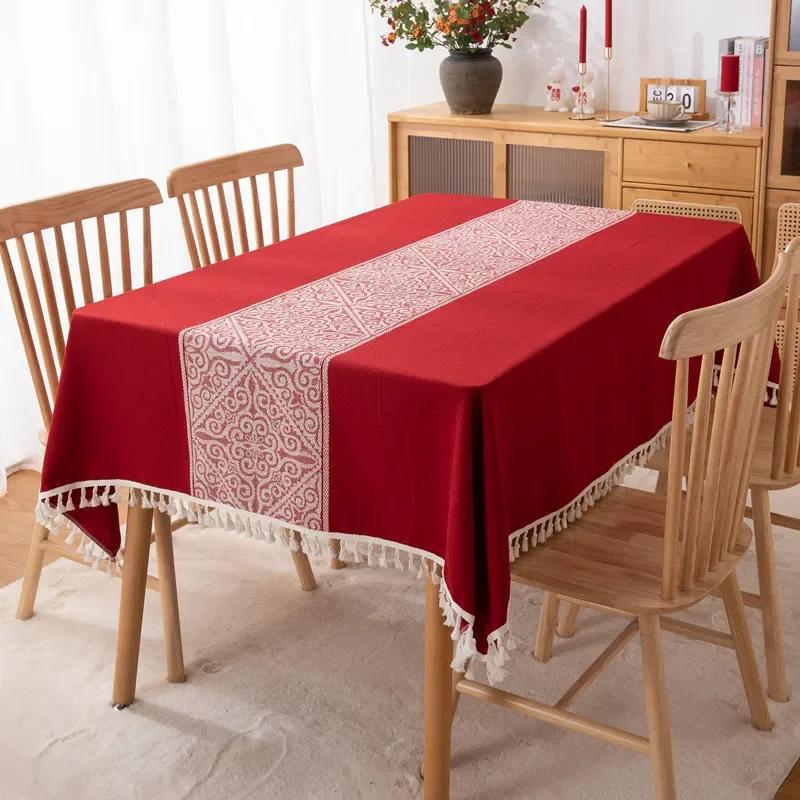 Fashion Vintage Tablecloth Tassel Red Color Jacquard Christmas Table Cloth Tablecloth End Table Mat Polyester Wedding Decoration