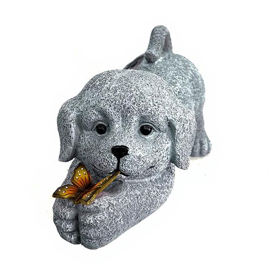 

Garden Dog Statue with Solar Butterfly Light Small Resin Puppy Sculpture Outdoor Waterproof Solar Powered Animal Figurine for Yard Patio Lawn B