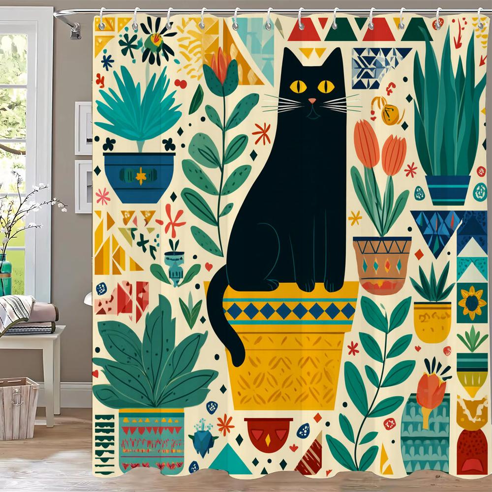 Modern Plant and Cartoon Cute Cat Shower Curtain, Bathroom Decorative Shower Curtain, Printed Polyester Home Curtain with Hooks