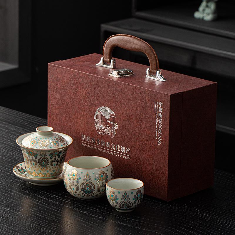 Dunhuang gold and silver wrong beam pot, one pot, four cups of bronzing and silver gift box, hospitality, business gifts, kung fu tea set