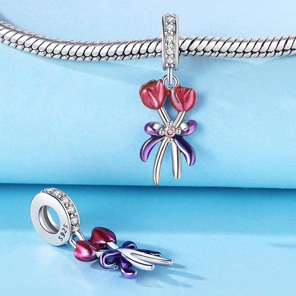 Copper Bouquet Romantic Flower Pink Purple Tulip Charm Carnation Beads Fit Original Bracelets For Jewelry Making Diy Gifts