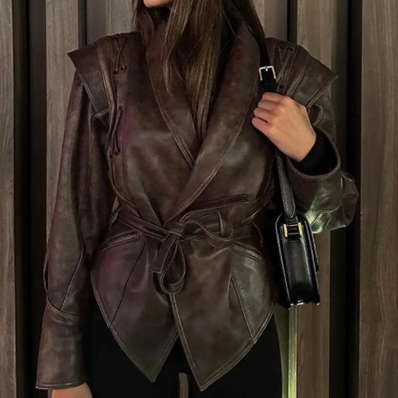 2024 Retro Lace-up Faux Leather Jacket with Lapel Shawl - Women's Casual Winter Fashion