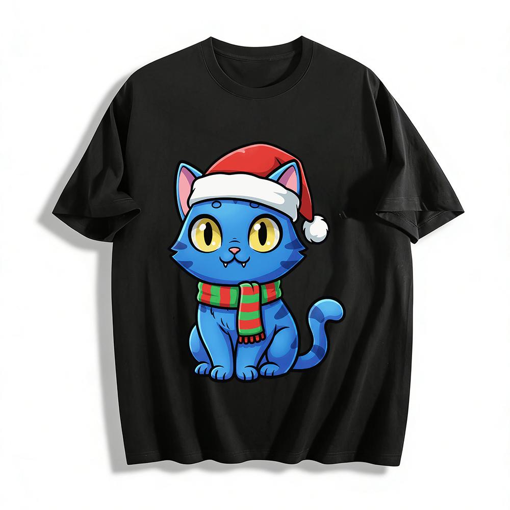 Синяя кошка с рождественским принтом Топ Повседневная футболка с круглым вырезом Для взрослых и детей Праздничная милая рубашка Хлопковая футболка XXS