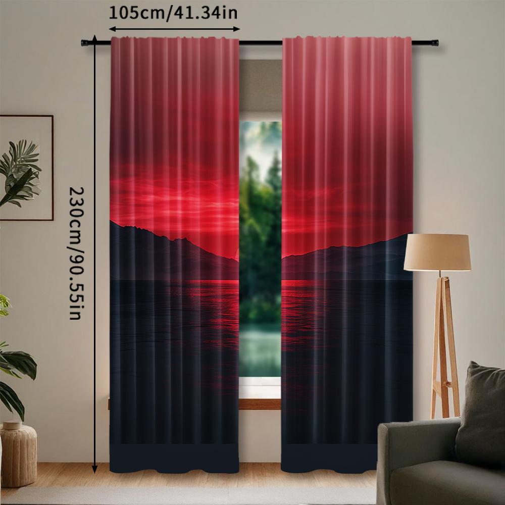 Modern Art Inspired Ribbed Pocket Curtains Tricot Polyester Plain Ombre Sunset Seascape Print Semi Sheer Room Darkening Set Of 2 Made