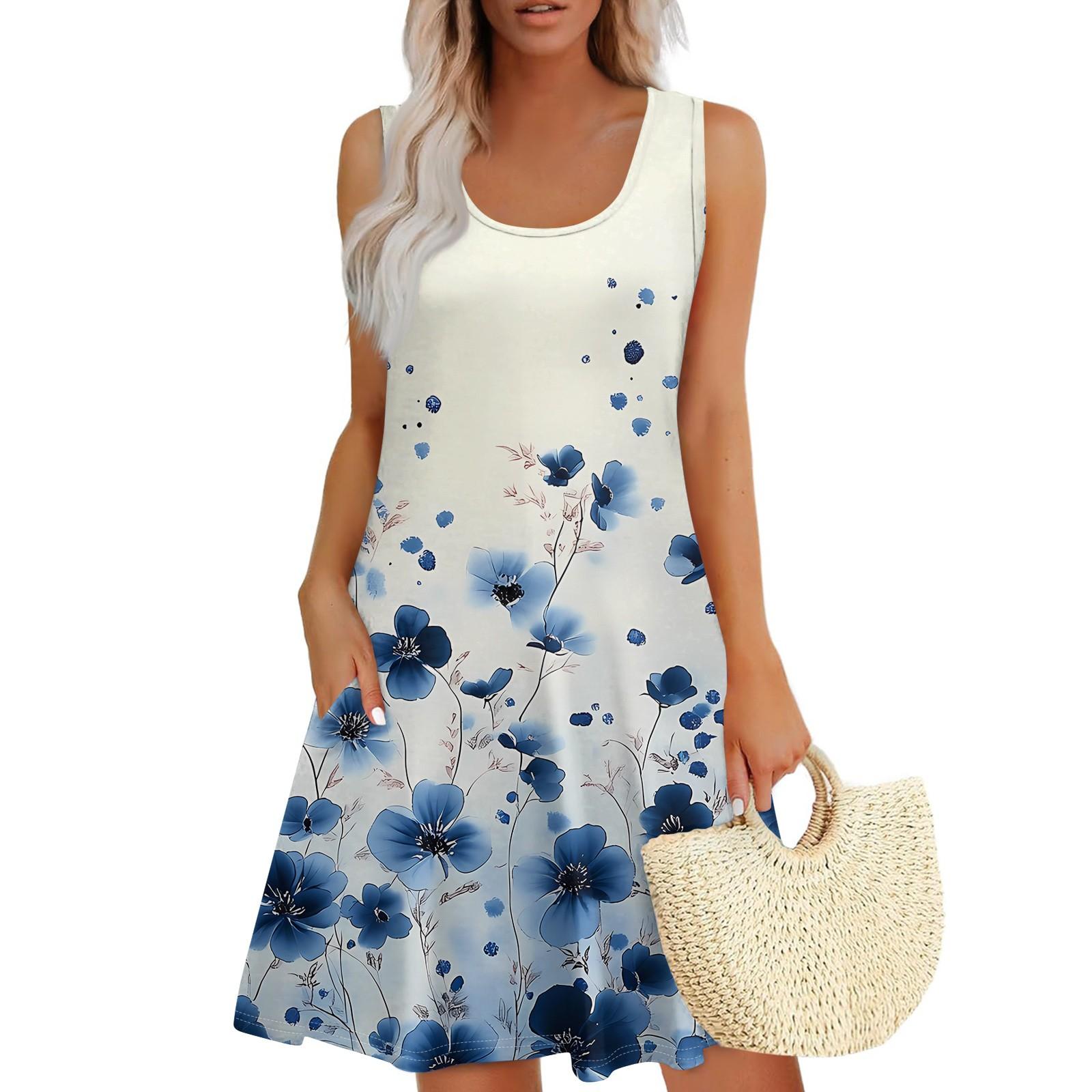 

Женское летнее повседневное платье с U-образным вырезом и цветочным принтом, платье без рукавов с карманами L синий
