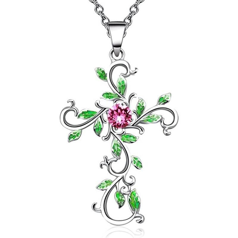 Flower Cross Pendant Necklace Earrings Jewelry Set for Women Gifts
