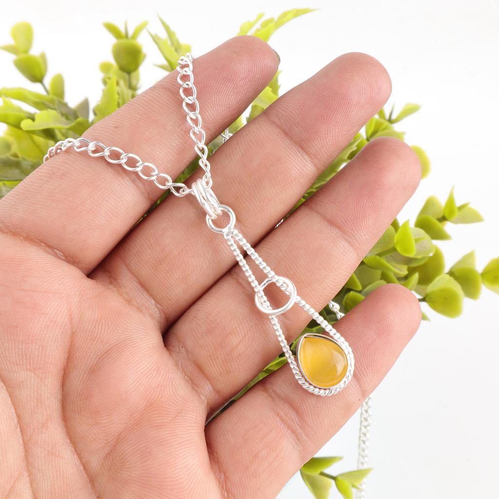 Yellow Cat's Eye Pendant Handmade Gemstone Jewelry, 925 Solid Sterling Silver Pendant, Meditation Jewelry Pendant For Wedding Gift