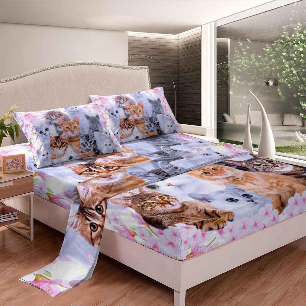Animal Cat and Dog Pattern Bed Hat Four-piece Bedding Set Bedroom Dormitory Bedding Decoration