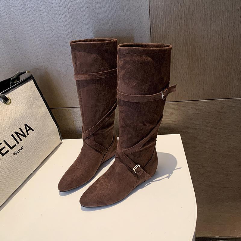 Inner Heightening Boots Women's 2025 New Autumn Retro Versatile Stacking Boots Belt Buckle Slim Tall Knight Boots