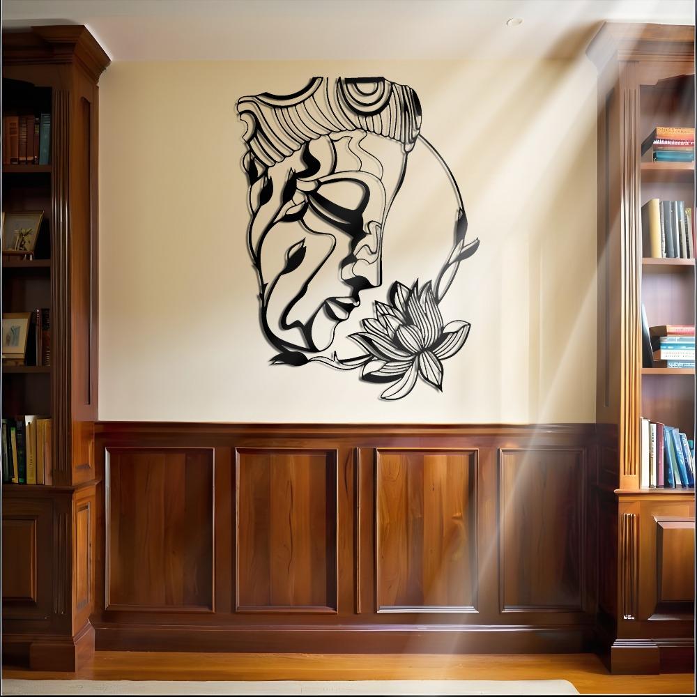 Großer Horizontaler Buddha-Kopf Lotus Metall Wandkunst Robuster Schwarzer Eisen Heim-Büro Dekor