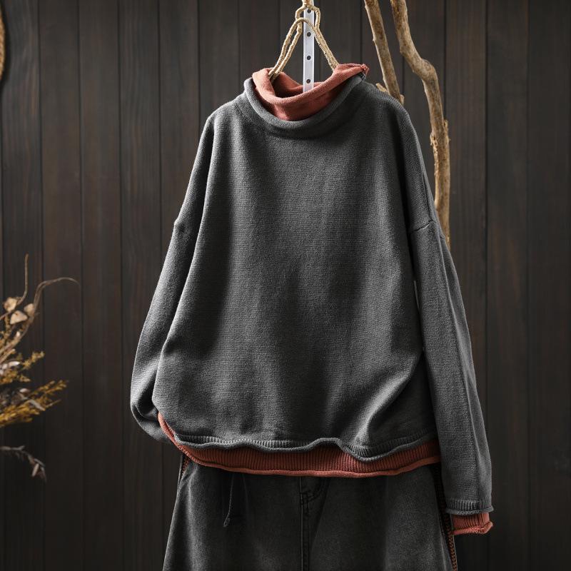 Women's Plus Size High Neck Patchwork Sweater - Winter Two-Piece Knitwear