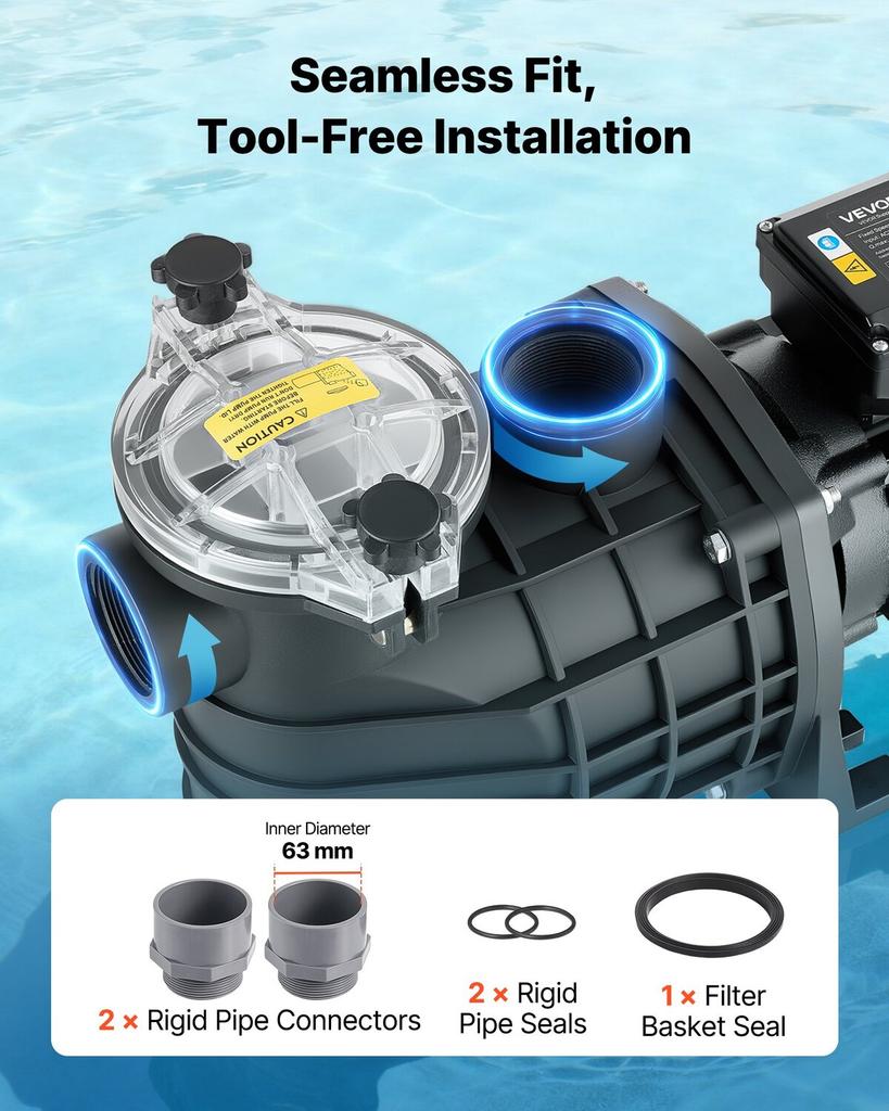 Zwembadpomp, 3000W, 35.000 L/U Maximaal Debiet Eén Snelheid Zwembadpomp, AC 220-240V, 2860 RPM, 19 m Maximale Opvoerhoogte, met 24-Uurs Timer & Filtermand, voor