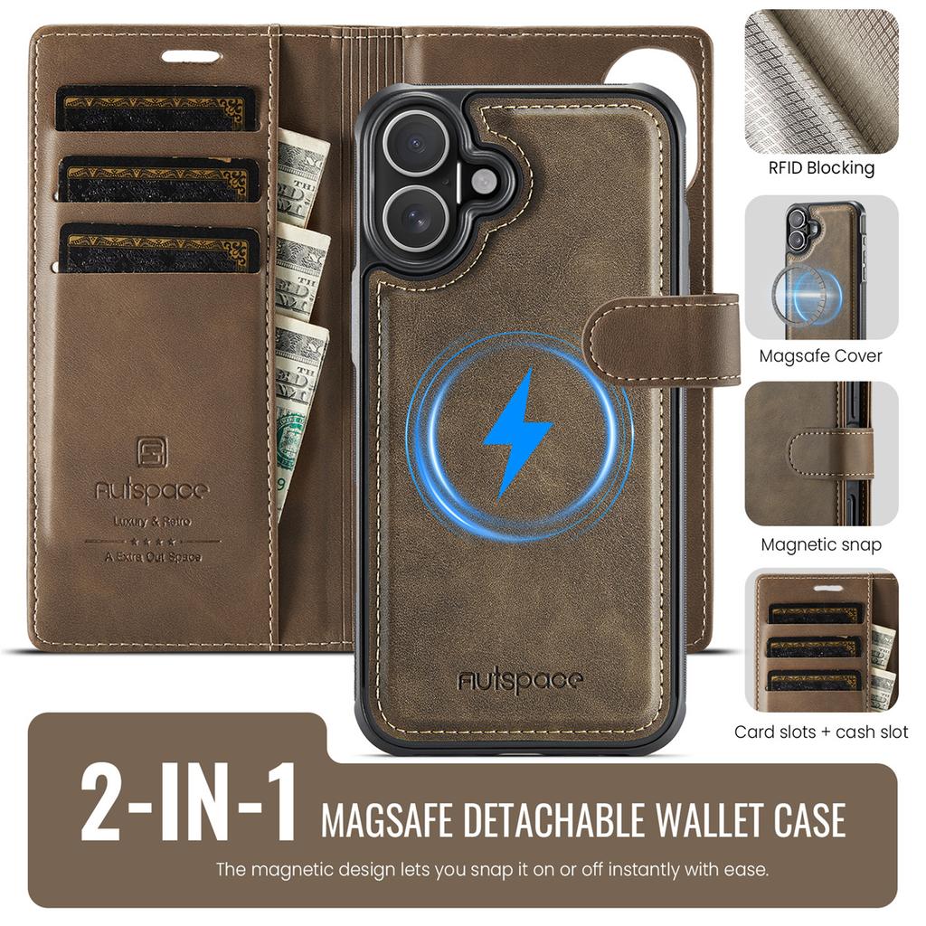2-in-1 Magnetic Magnetic Detachable Wallet Case for iPhone 17/17 Pro/17 Max/17 Air - PU Leather, Card Slots, MagSafe Charging, 360° Protection
