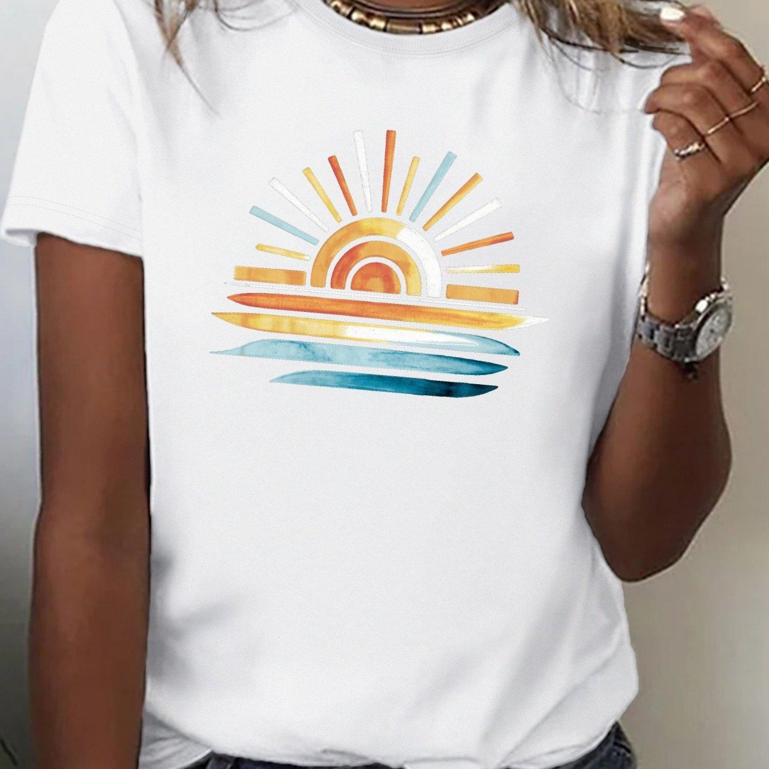 

Sunset On Water Print Crew Neck T-Shirt, Short Sleeve Graphic Tee, Spring Summer Casual Tops 5XL різнокольоровий