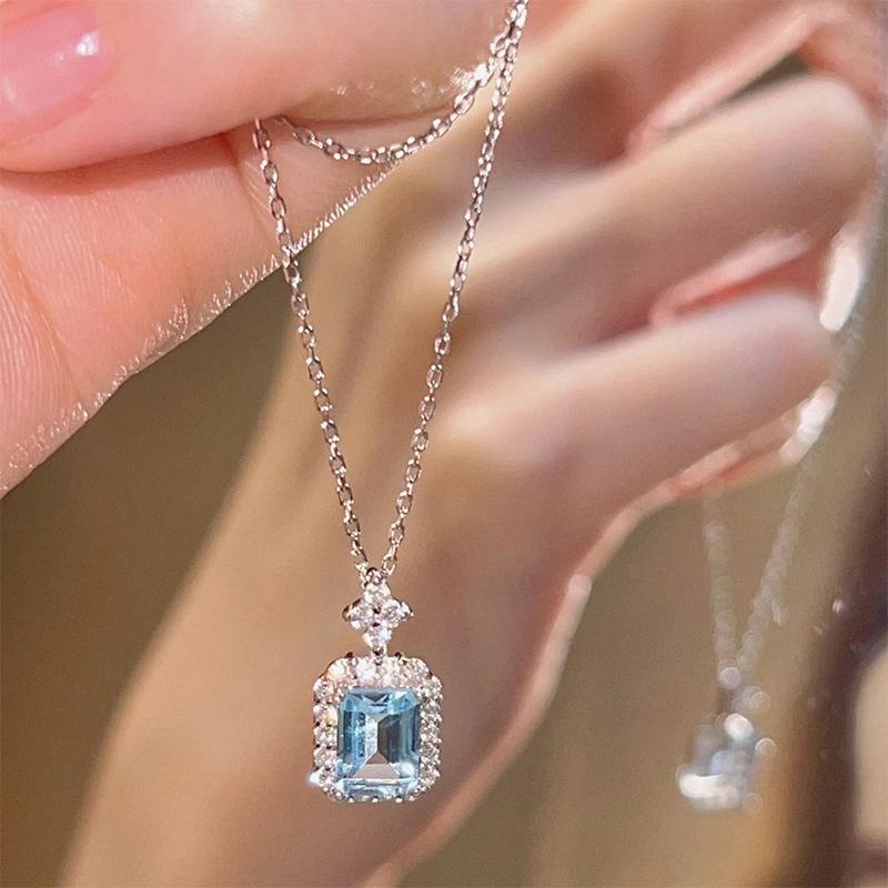 Vintage Sea Blue Zircon Square Pendant Necklace For Women Girls Delicate Clavicle Charm Chain Necklace Party Jewelry Accessories