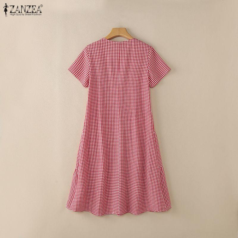 ZANZEA Women Plaid Print Summer Casual Square Collar Short Sleeve Dress