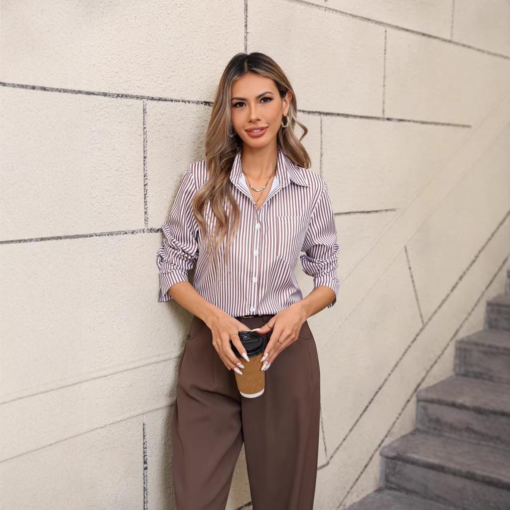 2026 Spring Autumn Women's Striped Loose Casual Collar Long Sleeve Women Blouse Comfortable Versatile Commuter Shirt